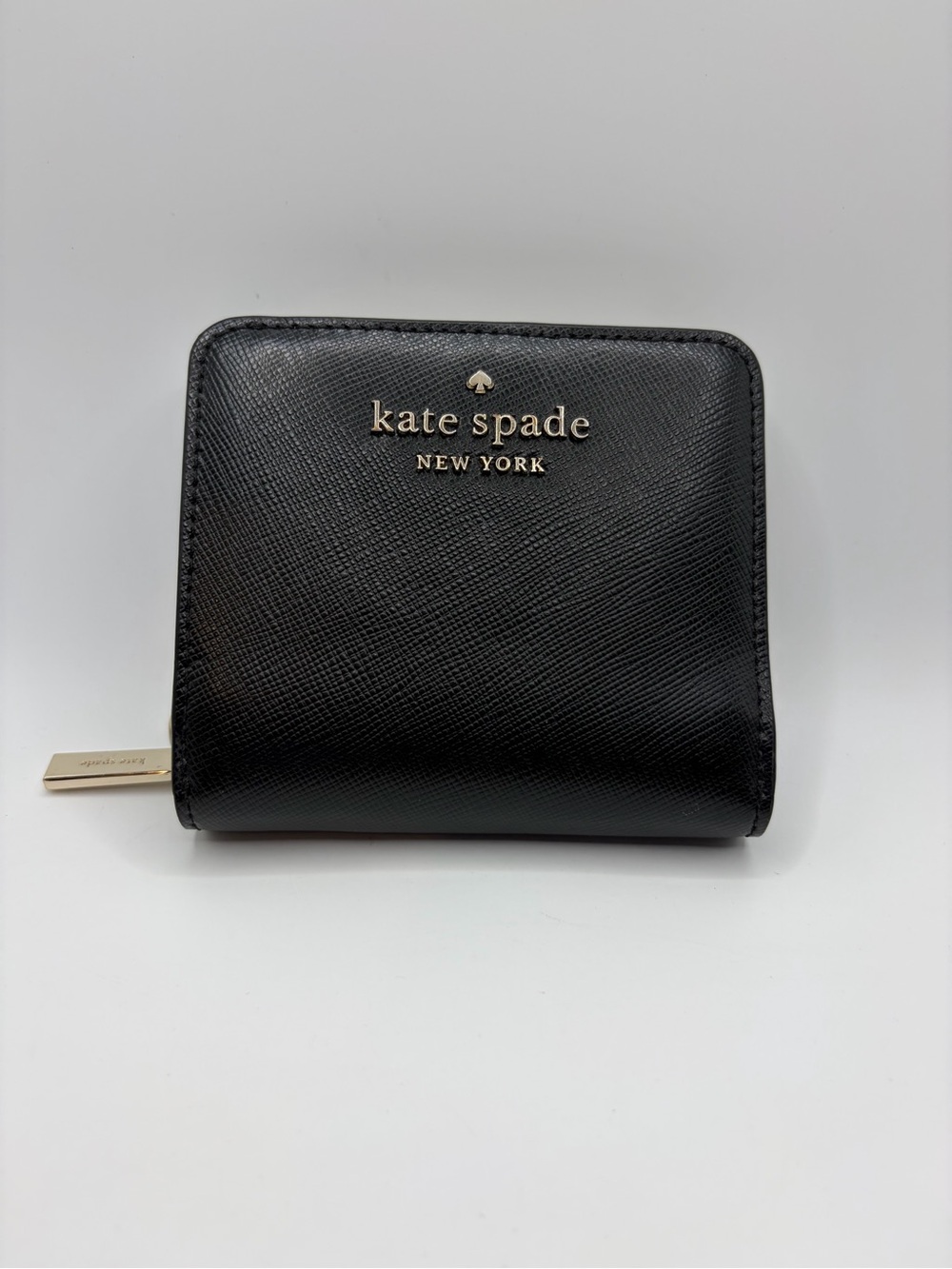 kate spade Black Compact Saffiano Zip Wallet with Gold Logo